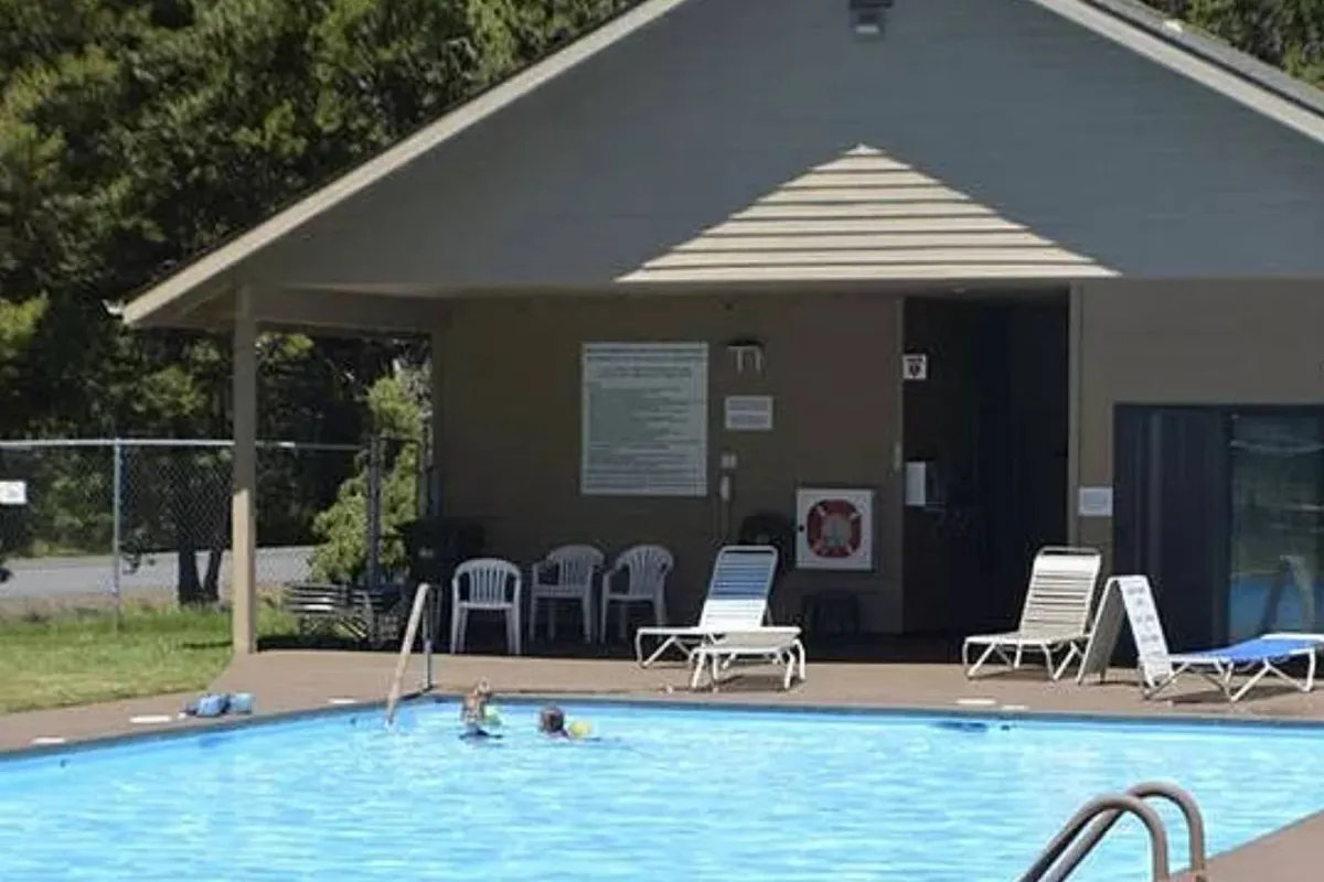 An inviting exterior shot of the resort’s swimming pool, lined with lounge chairs and a stylish pool house in the background. The sun-drenched scene exudes relaxation and vibrant resort energy.